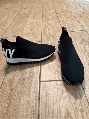 DKNY Men’s Black Slip-On Sock Sneakers with White Logo
